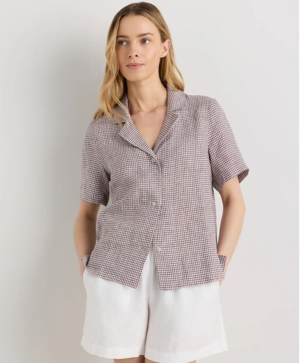 Quince 100% European Linen Gingham Brown Short Sleeve Blouse Top Size XL